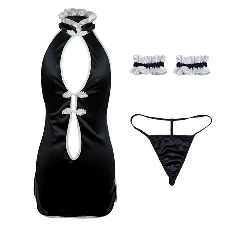 Sexy underwear cut-out tight cheongsam small-breasted uniform back slit nightclub short skirt passion set - black