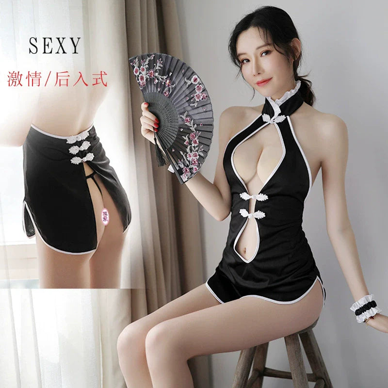 Image of Sexy underwear cut-out tight cheongsam small-breasted uniform back slit nightclub short skirt passion set - black