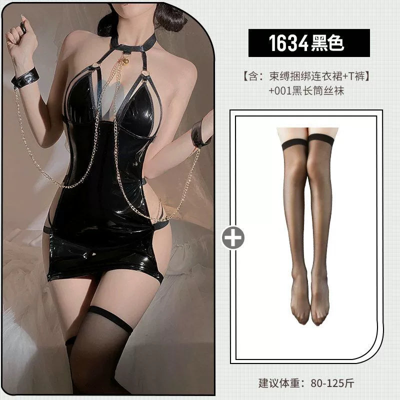 Sexy underwear sexy female large-scale small breasts hollow binding bondage training queen leather coat metal chain