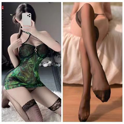 Image of Sexy underwear sexy halterneck cheongsam shawl see-through green snake buttocks uniforms suits uniforms plus-size