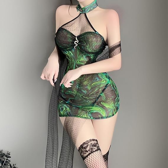 Image of Sexy underwear sexy halterneck cheongsam shawl see-through green snake buttocks uniforms suits uniforms plus-size