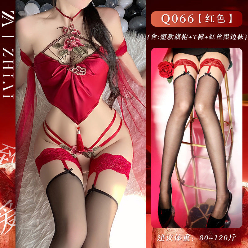 Image of Sexy underwear sexy uniform red antique belly pocket Chinese cheongsam temptation see-through outfit passion no take