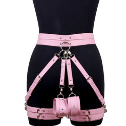 Image of SM Bondage Torture Toys Adult Sex Leather Thigh Cuffs Sex Fun Wear Female Appliances Adjustable Pants - Pink Suit