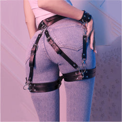 Image of SM Bondage Torture Toys Adult Sex Leather Thigh Cuffs Sex Fun Wear Female Appliances Adjustable Pants - Black Suit