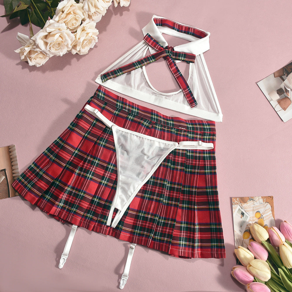 Teacher cosplay naughty outfit see-through skirt mesh lingerie jk uniform playful lingerie erotic bra - S / Plaid