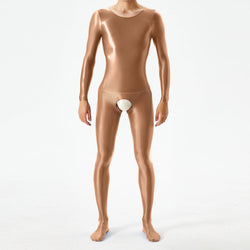 Image of Thin plus-size oily shiny silky tight bodysuit full body open crotch sexy no-take sex bag 7076K - M / Brown - Sexy