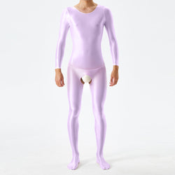 Image of Thin plus-size oily shiny silky tight bodysuit full body open crotch sexy no-take sex bag 7076K - M / Light purple