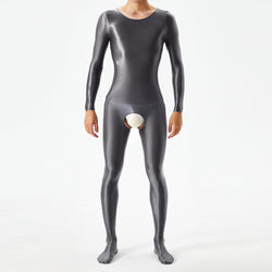 Image of Thin plus-size oily shiny silky tight bodysuit full body open crotch sexy no-take sex bag 7076K - M / gray - Sexy