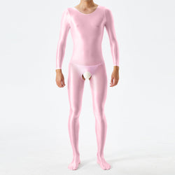 Image of Thin plus-size oily shiny silky tight bodysuit full body open crotch sexy no-take sex bag 7076K - M / light pink - Sexy