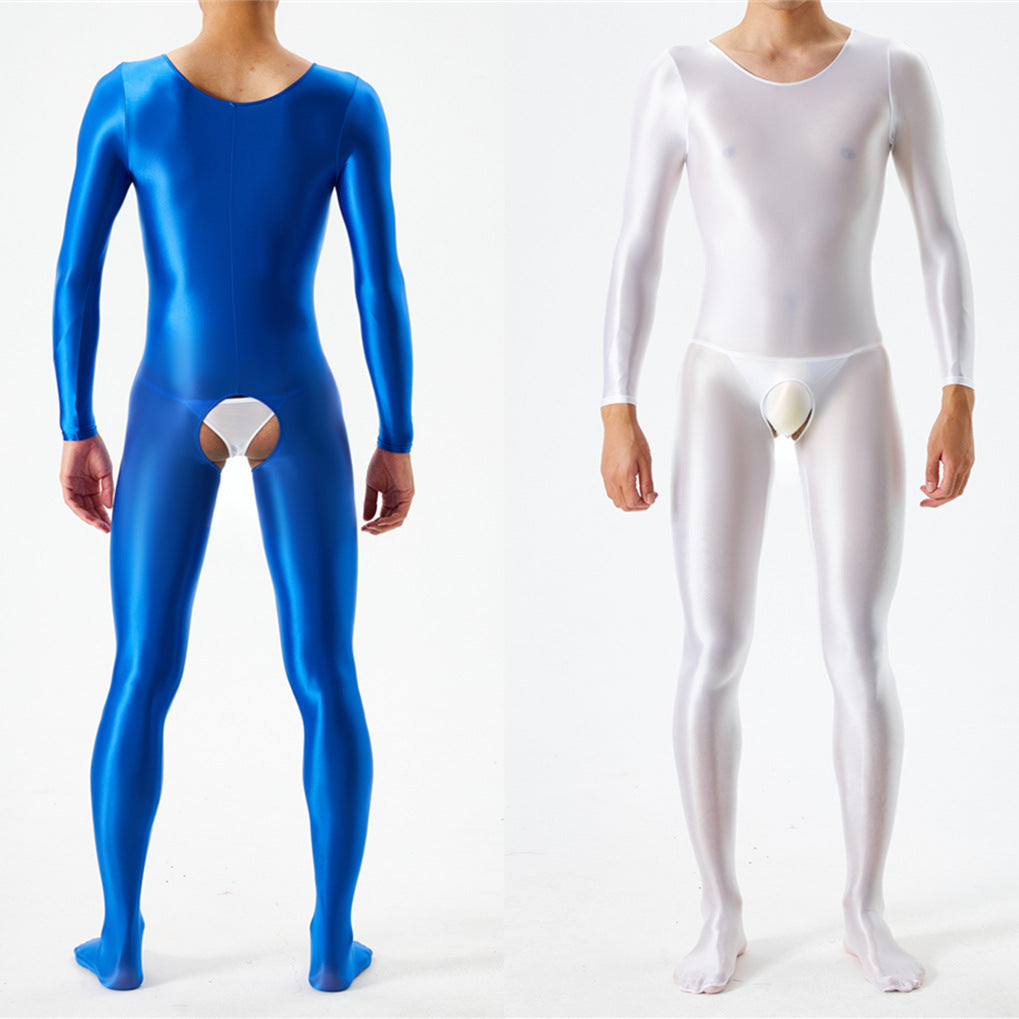 Thin plus-size oily shiny silky tight bodysuit full body open crotch sexy no-take sex bag 7076K - Sexy lingerie