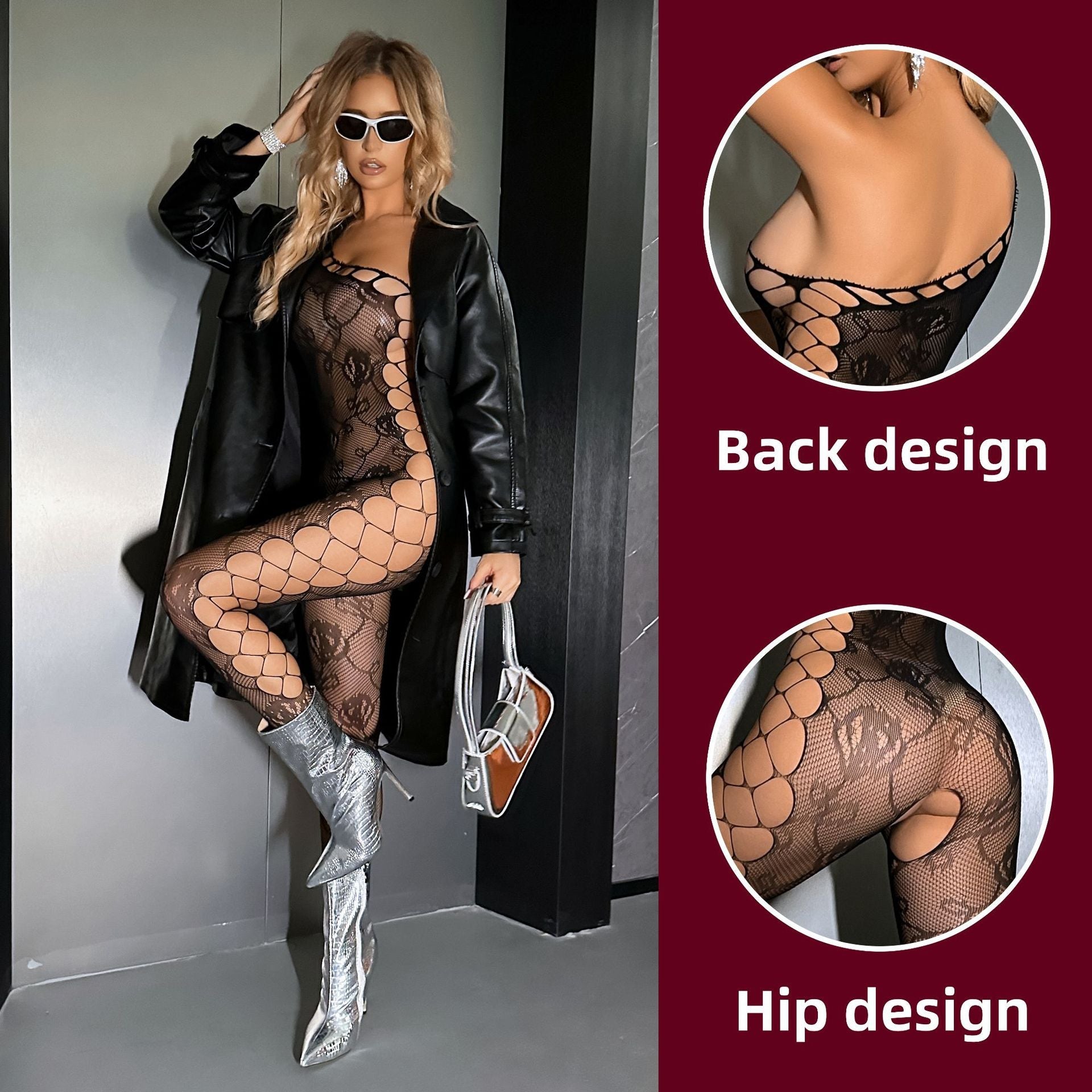 Image of W579 cross-border foreign trade fun underwear European and American sides hollow rose pattern one-piece mesh