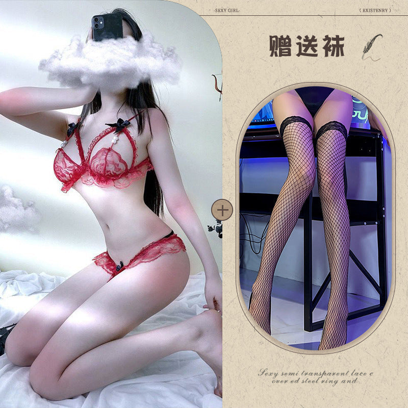 Image of Wave frequency constant sexual fun underwear women’s bikini three-point pearl thong bra passion set drop delivery - Red