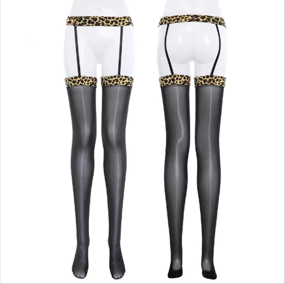 Aurora Series Wild Leopard Vintage Garter Stockings Shiny Oil Sexy Black Women Lingerie Transparent Ultra Thin Thigh Stockings