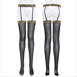 Image of Aurora Series Wild Leopard Vintage Garter Stockings Shiny Oil Sexy Black Women Lingerie Transparent Ultra Thin Thigh Stockings