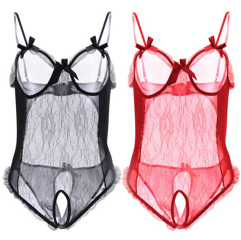 Image of Wholesale lace one-piece exposed erotic underwear foreign trade plus size sexy opening sex see-through outfit dropship