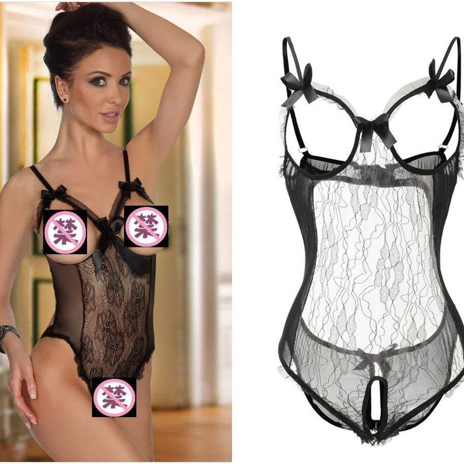 Wholesale lace one-piece exposed erotic underwear foreign trade plus size sexy opening sex see-through outfit dropship