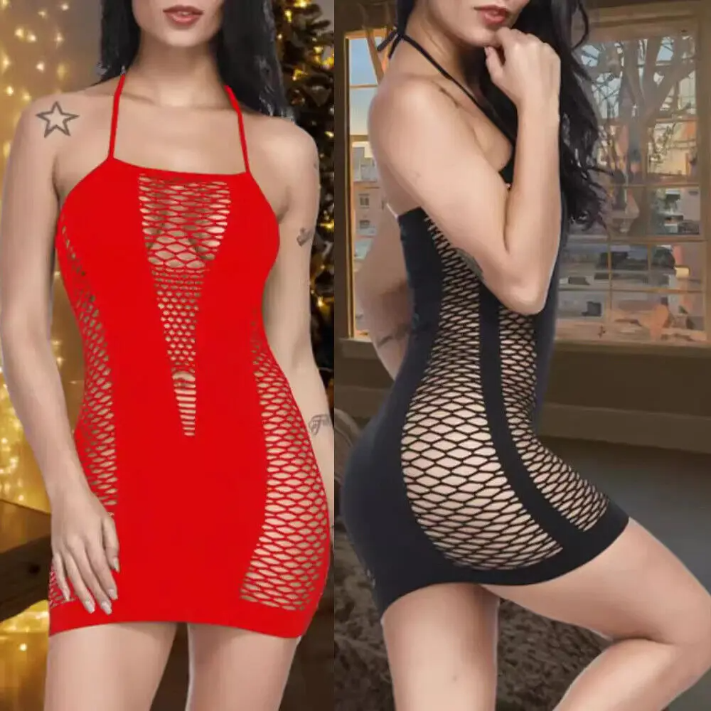 Image of Women Lingerie Sexy Fishnet Chemise Outfit Mesh Halter Garter Dress Stockings Nightwear Sleeveless Babydoll Mini Dress
