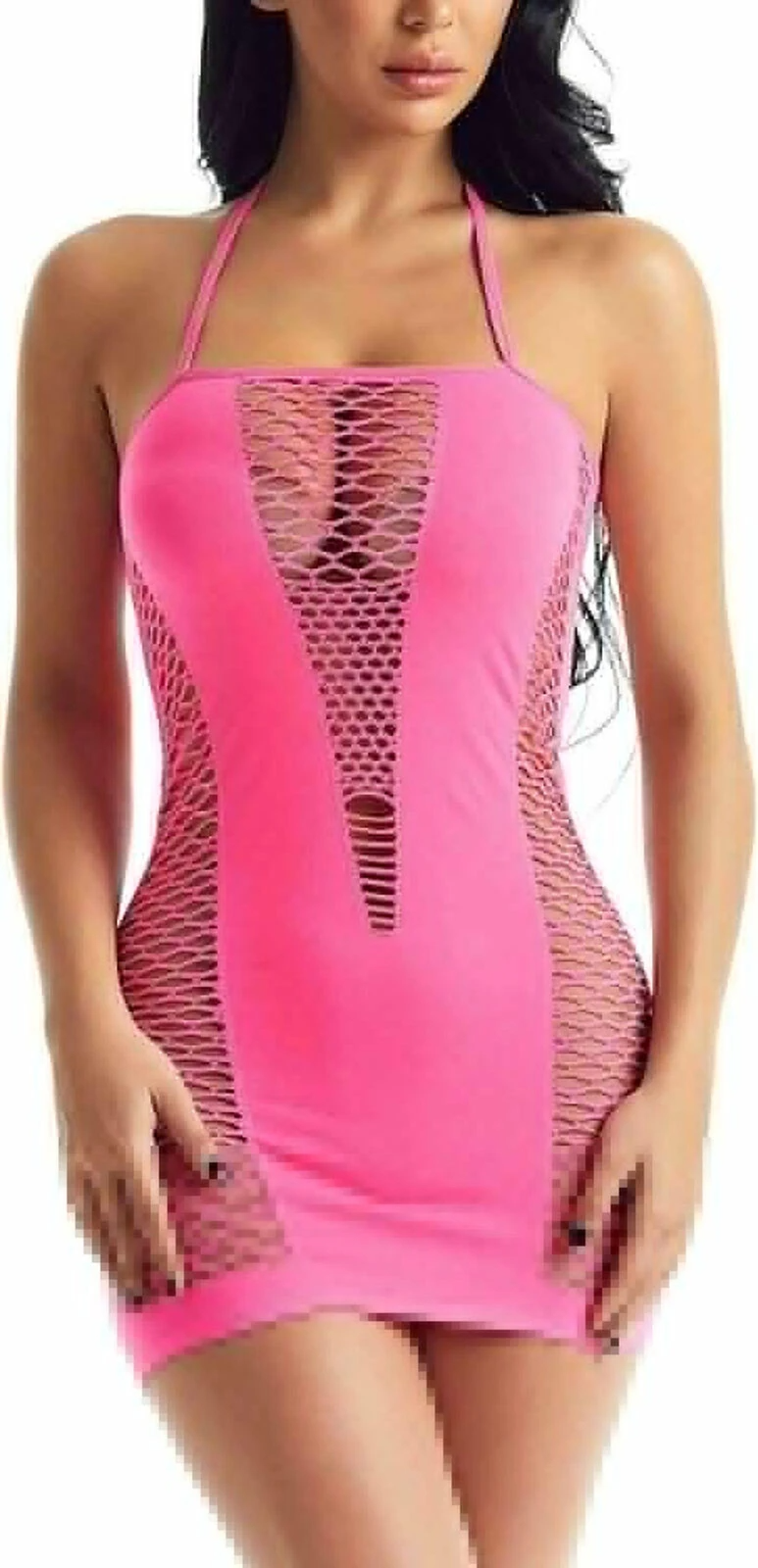 Women Lingerie Sexy Fishnet Chemise Outfit Mesh Halter Garter Dress Stockings Nightwear Sleeveless Babydoll Mini Dress