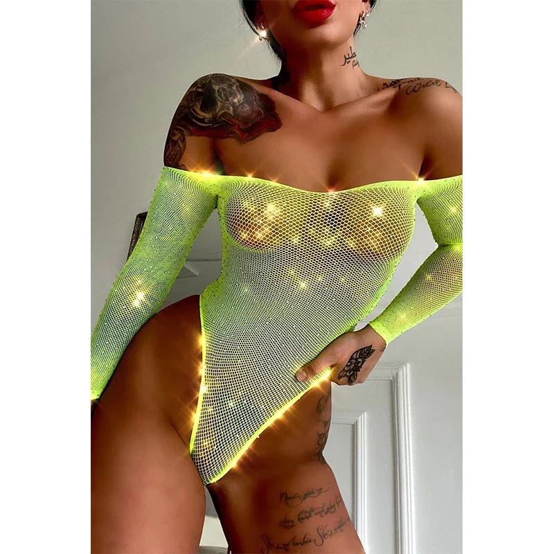 Image of Women Rhinestone Glitter Bodysuit High Fishnet Tights Erotic Lingerie Y2k Sexy Tops One Piece Lingerie Erotic Body Rave