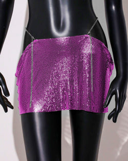 Image of Womens Sequin Skirt Mini Skirt Rave Dance Low Waist Metal Chains Waistband Skirt Club Party Skirts - Rose Red / free