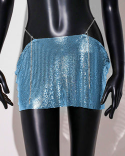 Image of Womens Sequin Skirt Mini Skirt Rave Dance Low Waist Metal Chains Waistband Skirt Club Party Skirts - royal blue / free