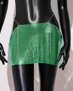 Image of Womens Sequin Skirt Mini Skirt Rave Dance Low Waist Metal Chains Waistband Skirt Club Party Skirts - green / free size