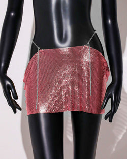 Image of Womens Sequin Skirt Mini Skirt Rave Dance Low Waist Metal Chains Waistband Skirt Club Party Skirts - Rose Gold / free